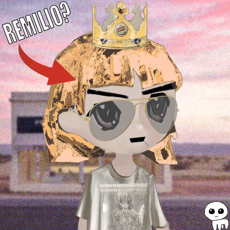 Remilio Baby, featuring: Burger King crown; Joe Biden Aviators; Sonora Shirt; Prada Marfa background; Autism creature friend; REMILIO? Youtube Thumbnail overlay