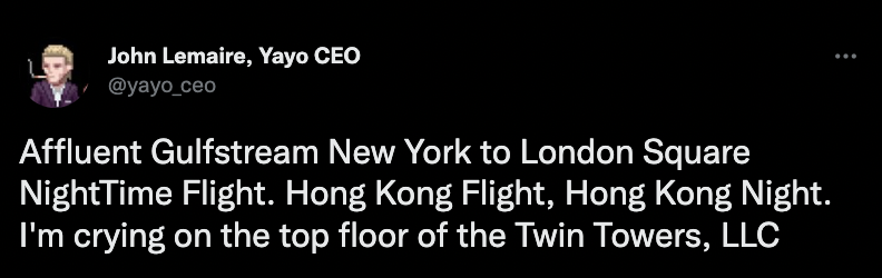 Affluent Gulfstream New York to London Square NightTime Flight. Hong Kong Flight, Hong Kong Night. I'm crying on the top floor of the Twin Towers, LLC