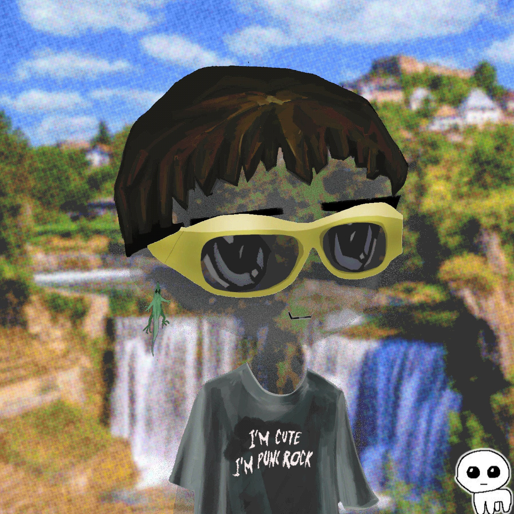 Ghost Remilio, with the "Missing Mottegas" glasses - a reference to a glitch in the original Milady Maker collection that had these glasses appear in the metadata but never show on the Milady due to a filename typo; as well as the "I'm Cute / I'm Punk Rock" shirt, also from Milady (which itself is a reference to a shirt worn by hyperpop rapper, Caspr (now a Milady); edited from: "I'm Not Cute / I'm Punk Rock")