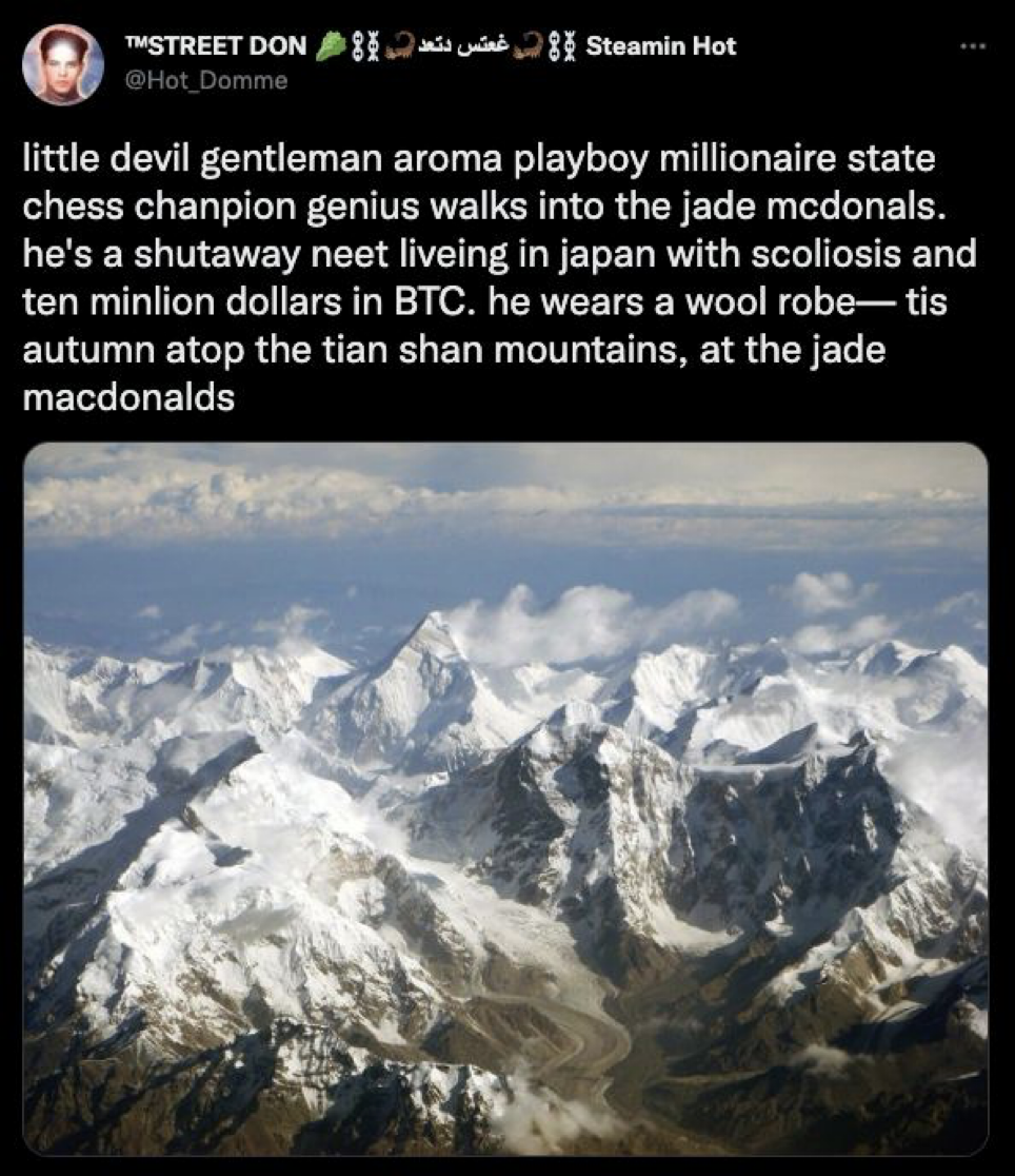 little devil gentleman aroma playboy millionaire state chess chanpion genius walks in the jade mcdonals. he's a shutaway neet liveing in japan with scoliosis and ten minlion dollars in BTC. he wears a wool robe— tis autumn atop the tian shan mountains, at the jade macdonalds