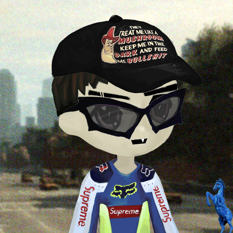 Supreme X Fox collab, with Baliencaga Bat Glasses; also featuring a NYC scene from GTA IV and the Blue Horse from the Denver Airport (DNR). Hat is taken from a classic meme of a Boomer's shirt.